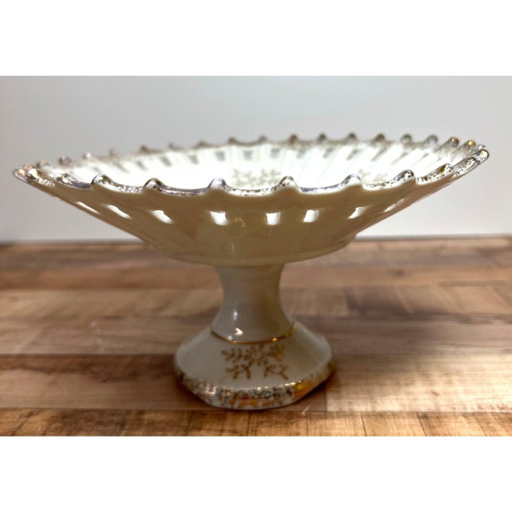 Vintage Betson Pedestal Bowl  Pink Rose Design Gold Accents & Scalloped Edge